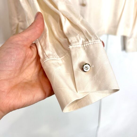 St. John Collection Silk Blouse Women 10 Cream Jacquard Button Front Long Sleeve - Picture 11 of 13